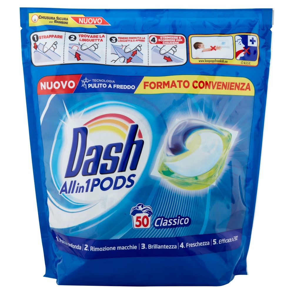 Dash PODS Allin1 Detersivo Lavatrice in Capsule per Bucato Classico 50 Lavaggi 1260 g